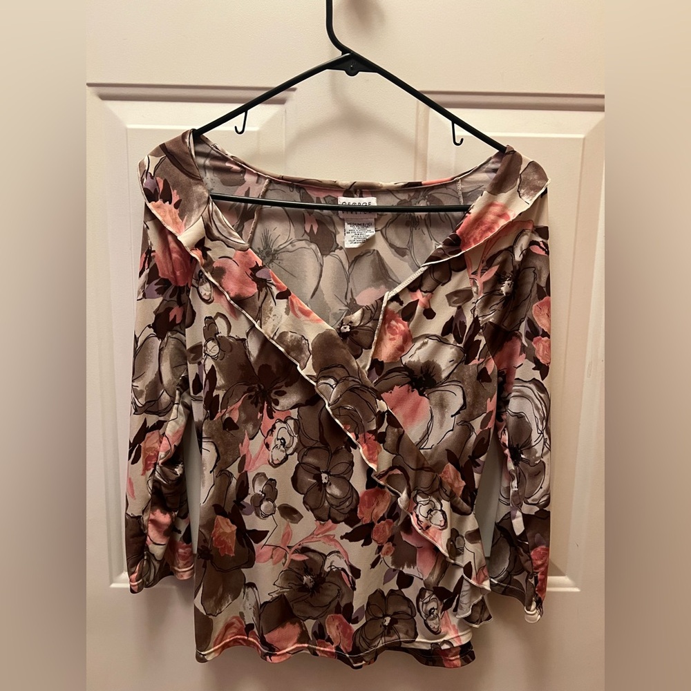 George Floral Faux Wrap Blouse - Pink and Brown